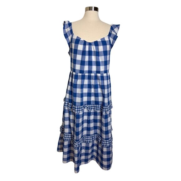 NWT J.Crew Factory Blue & White Gingham Tiered Midi Dress XL - Picture 9 of 16